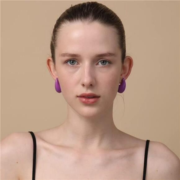 Chunky Purple Hoop Earrings Lightweight, Waterproof, Hollow Open Girls Earings - Picture 2 of 7